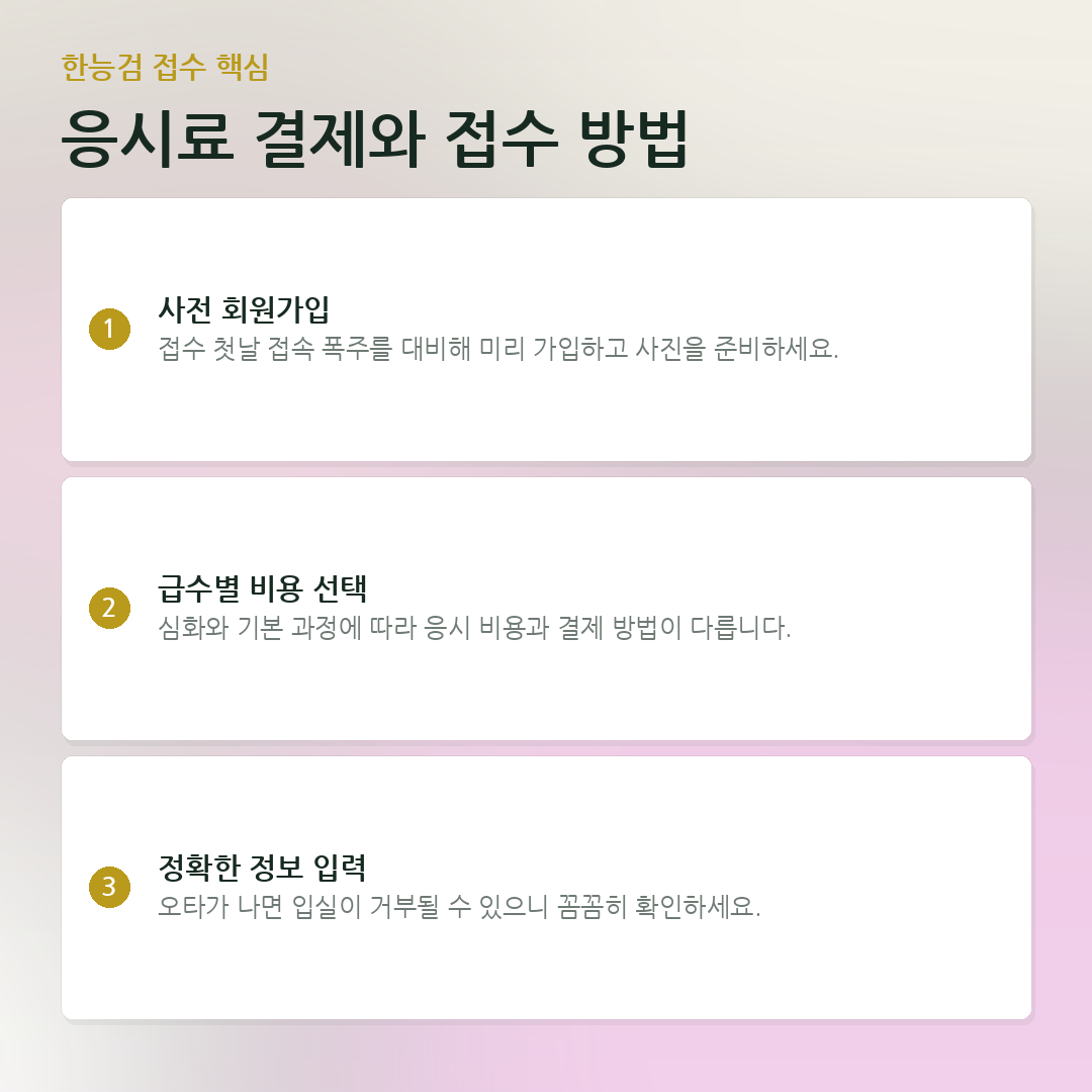 응시료 결제와 접수 방법 요약 카드