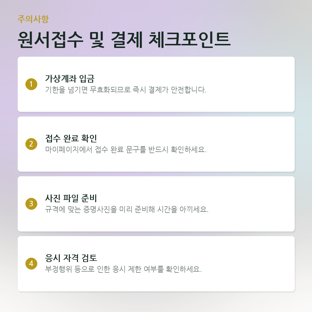 원서접수 및 결제 체크포인트 요약 카드