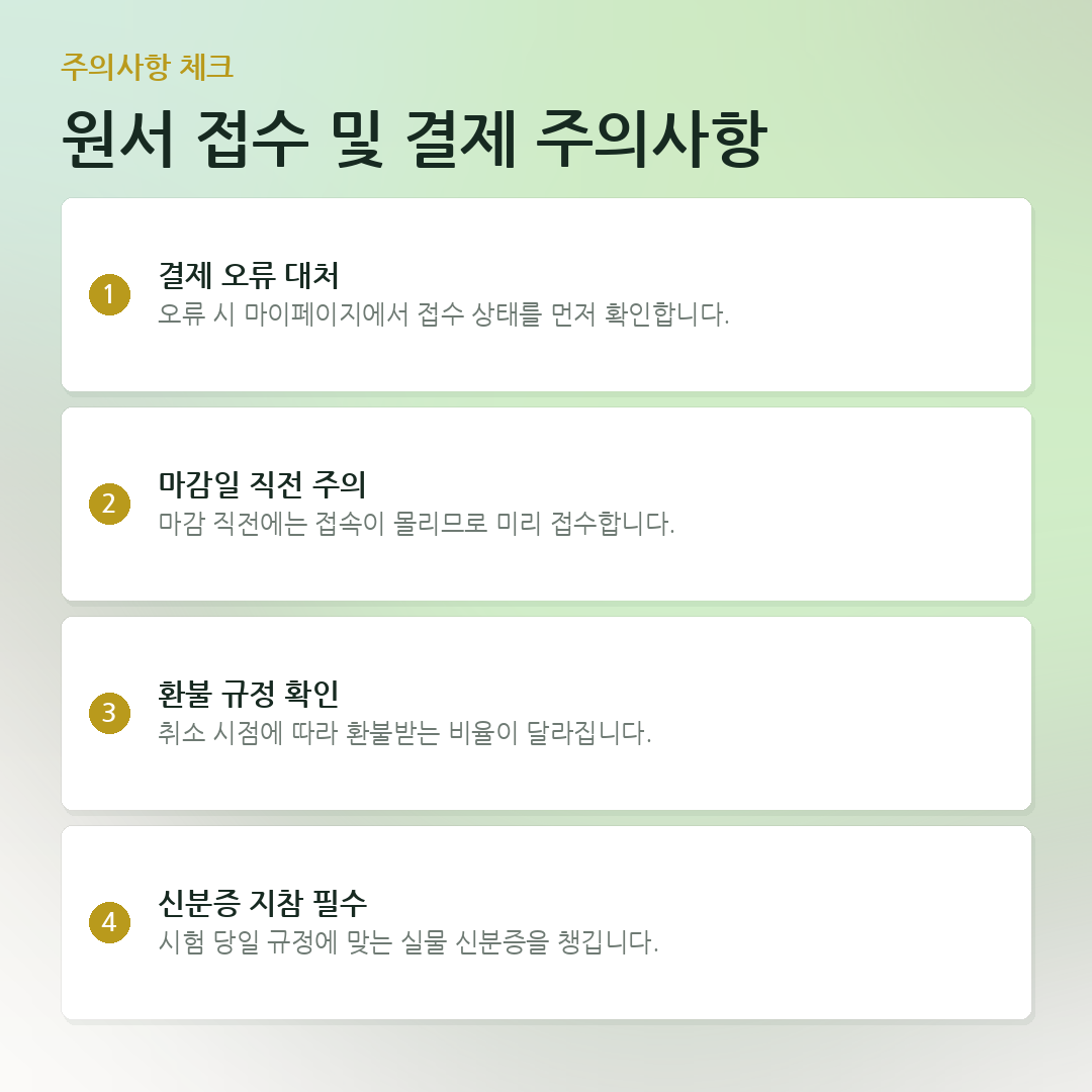 원서 접수 및 결제 주의사항 요약 카드