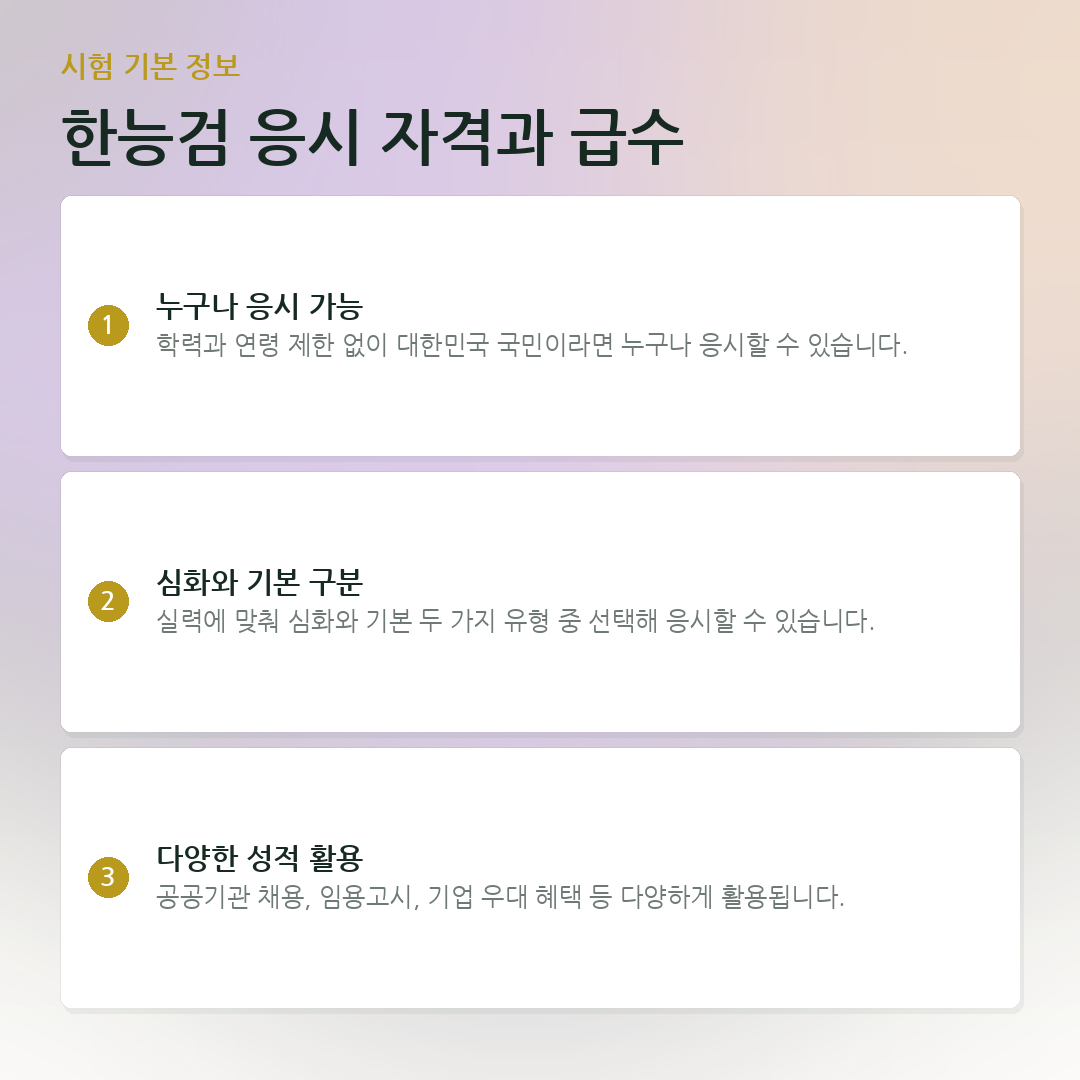 한능검 응시 자격과 급수 요약 카드